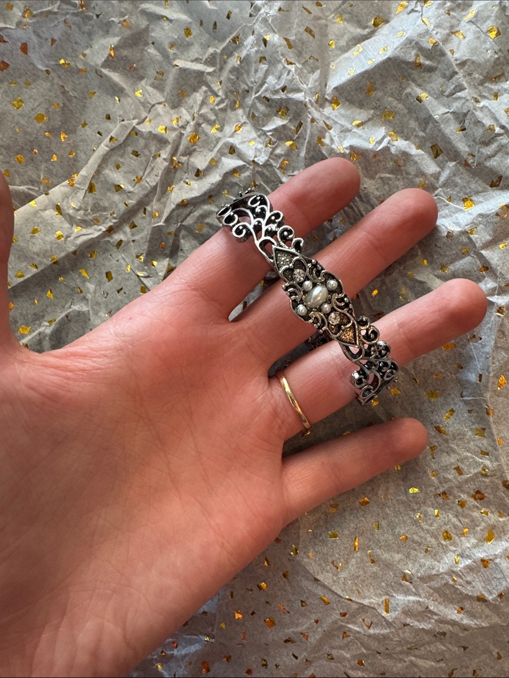 Vintage-Inspired Silver Filigree Bracelet with Pearl Accents
